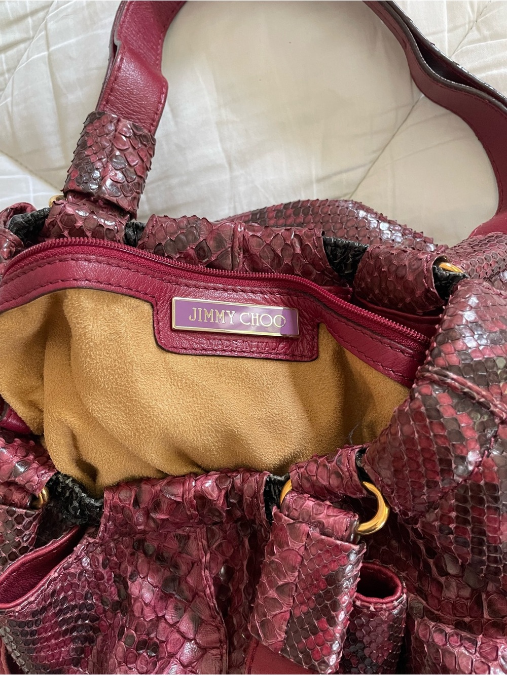 Jimmy Choo Burgundy Python-Texture Shoulder Bag with Gold Accents